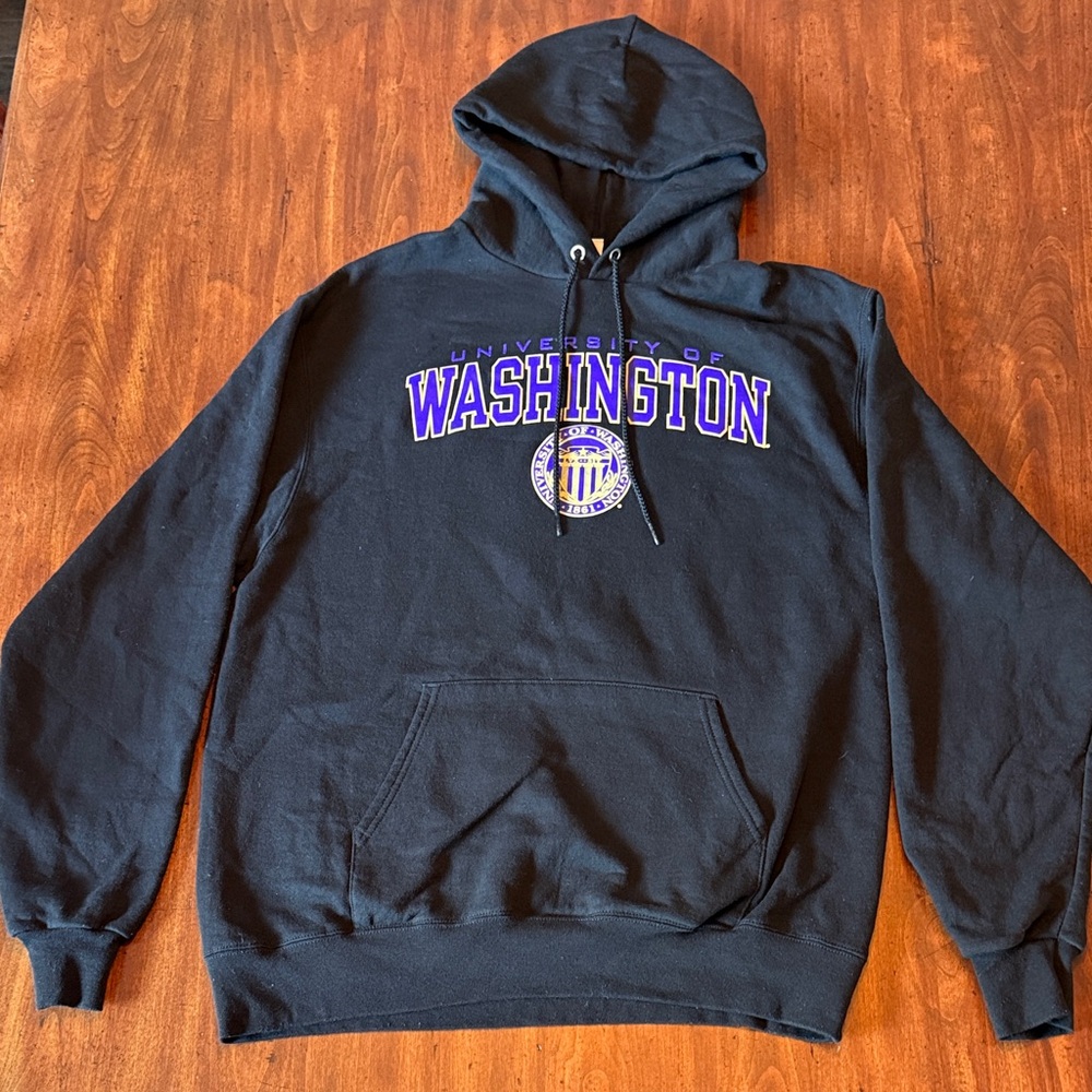 Champion Black Hooded Sweatshirt with Purple & White Washington Logo